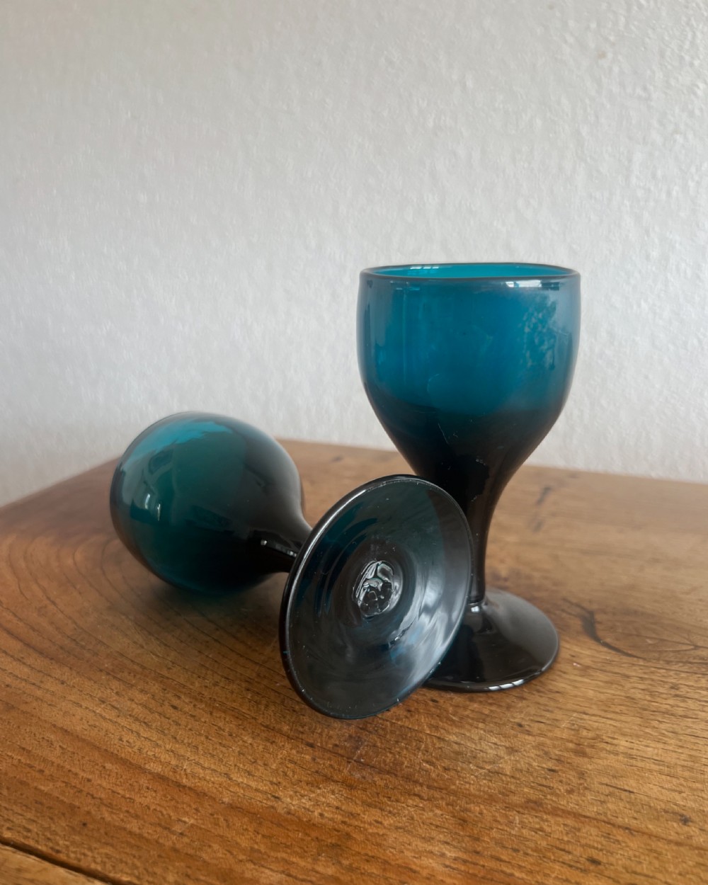 Antique glass - set of six deep turquoise wine glasses English c1820 View IV