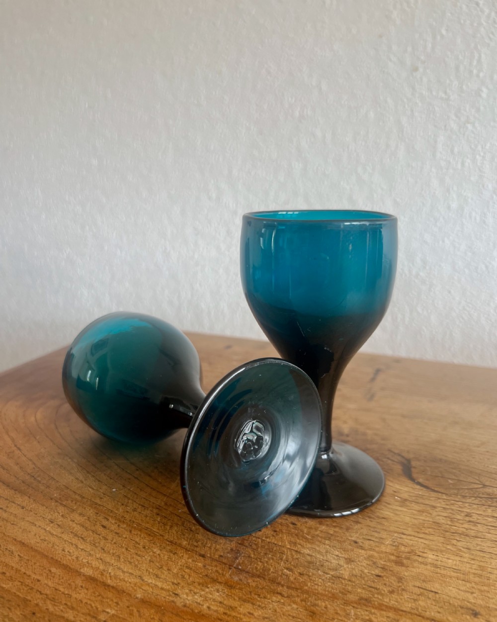 Antique glass - set of six deep turquoise wine glasses English c1820 View V