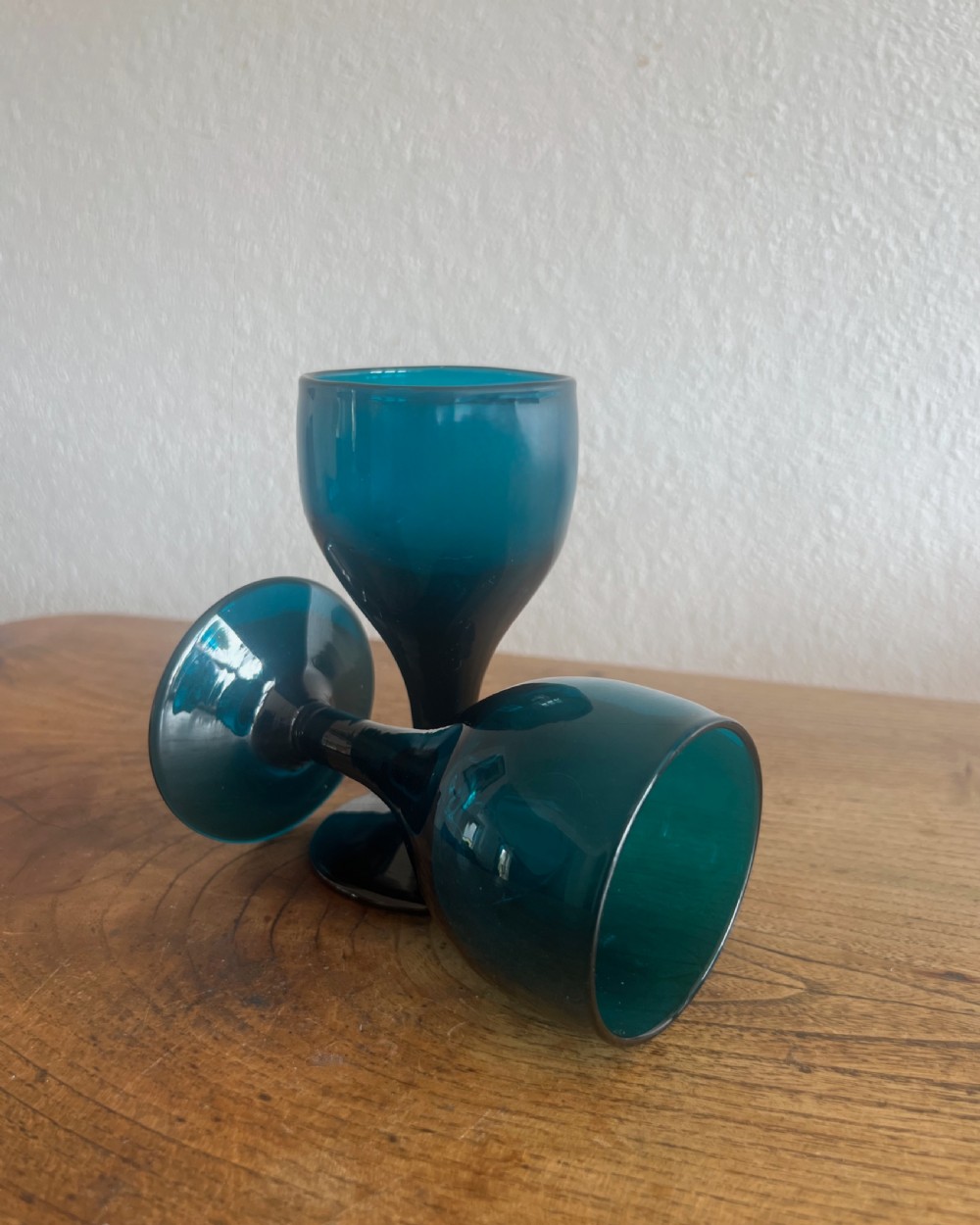 Antique glass - set of six deep turquoise wine glasses English c1820 View VI