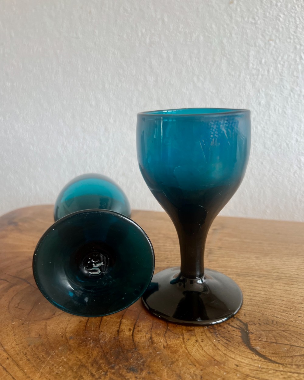 Antique glass - set of six deep turquoise wine glasses English c1820 View VII