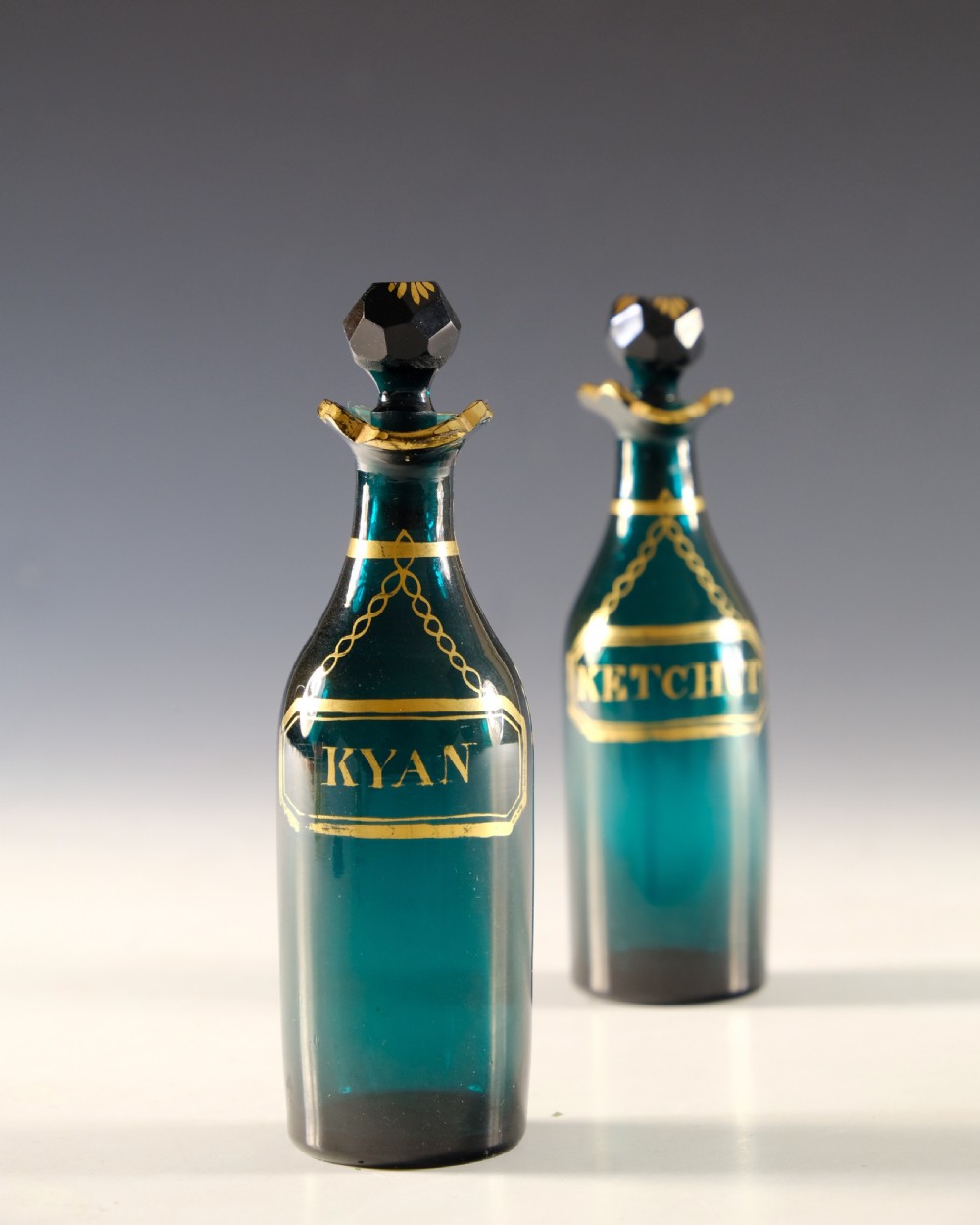 Antique glass - pair of green cruet bottles English c1800 View III