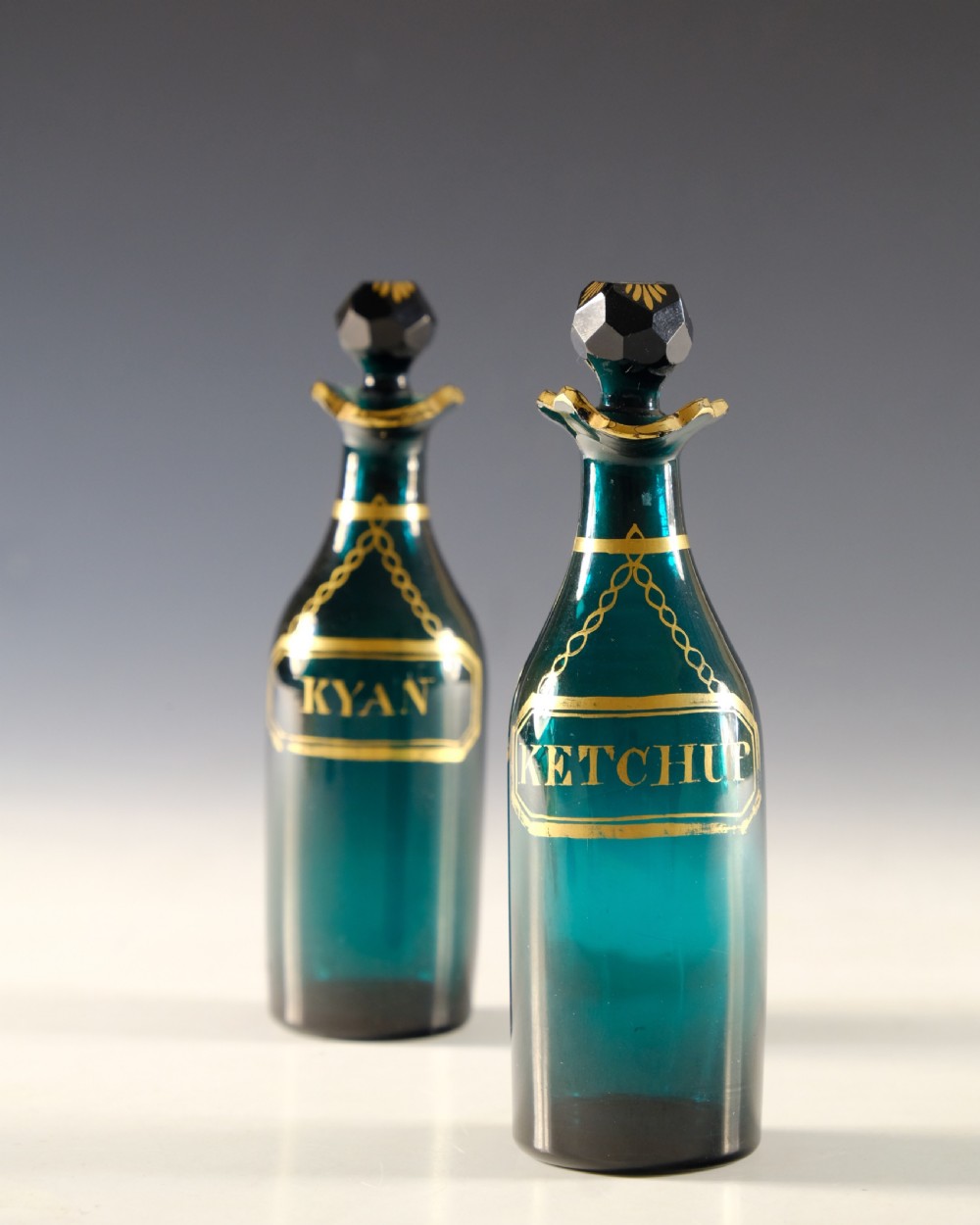Antique glass - pair of green cruet bottles English c1800 View IV