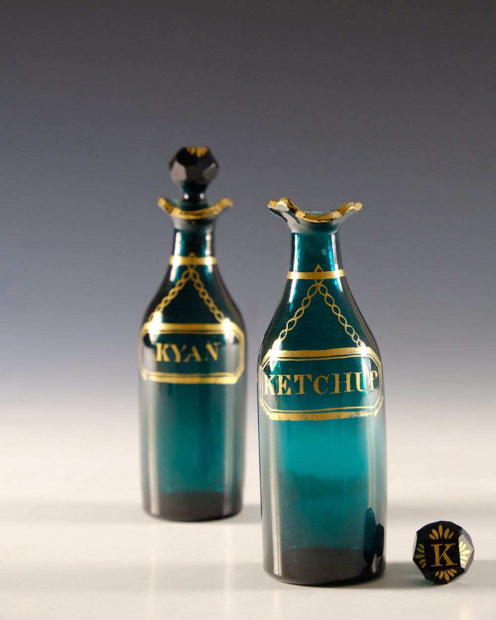 Antique glass - pair of green cruet bottles English c1800 View V