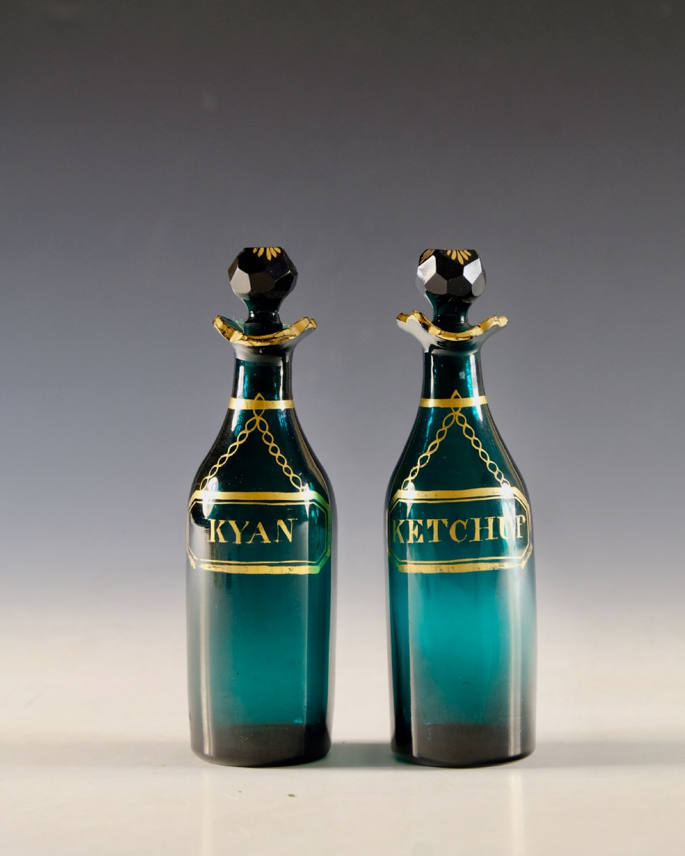Antique glass - pair of green cruet bottles English c1800 View VIII