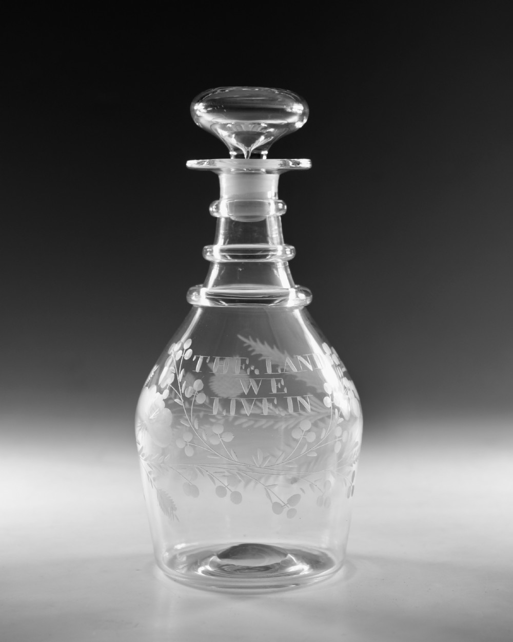 Antique glass decanter engraved Land We Live In c1820 View II