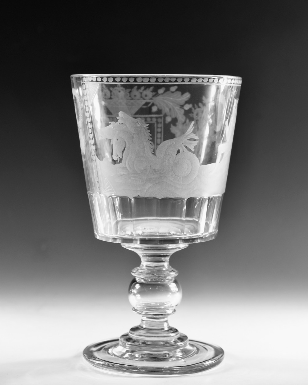 Antique glass - goblet engraved Neptune by Thomas Hudson 1830 View III