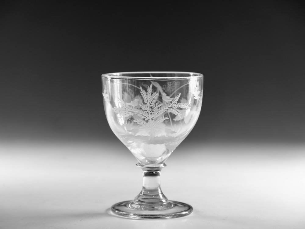 A clear glass Georgian rummer goblet featuring wheel-engraved botanical fern and bird motifs above a short knopped stem and circular base.