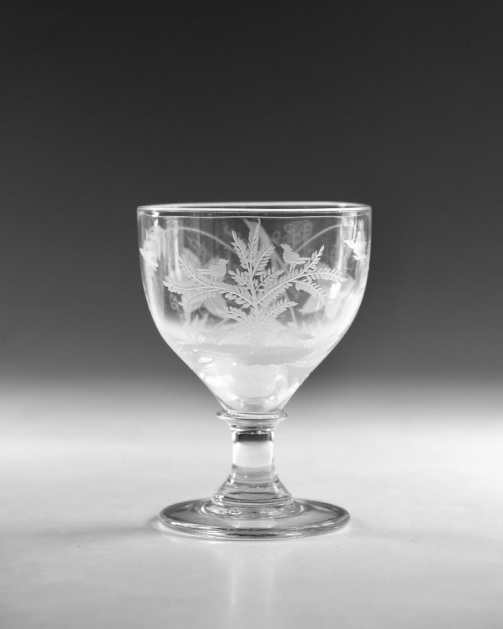 A clear glass Georgian rummer goblet featuring wheel-engraved botanical fern and bird motifs above a short knopped stem and circular base. View V