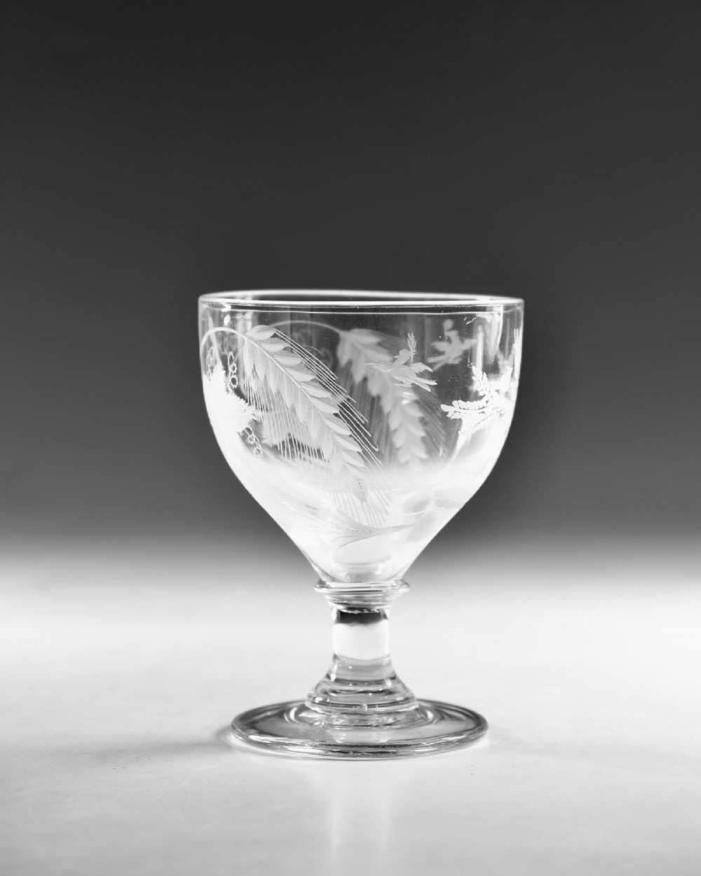 A clear glass Georgian rummer goblet featuring wheel-engraved botanical fern and bird motifs above a short knopped stem and circular base. View VI