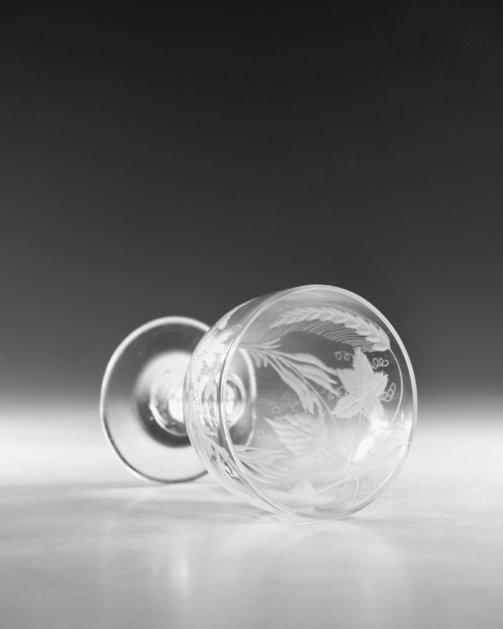 A clear glass Georgian rummer goblet featuring wheel-engraved botanical fern and bird motifs above a short knopped stem and circular base. View VIII