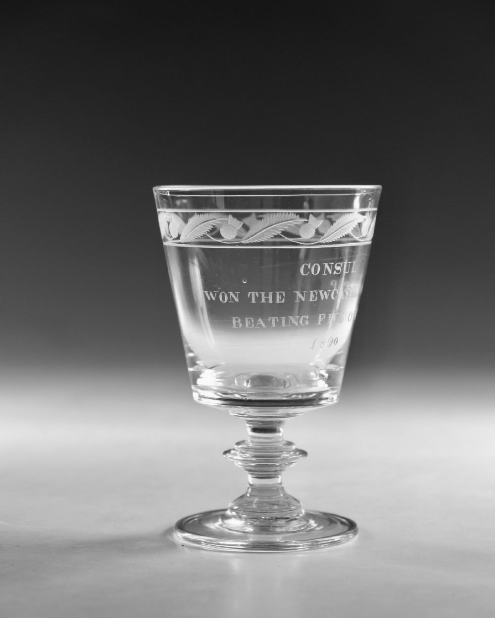 An antique clear glass Georgian rummer featuring wheel-engraved inscriptions and foliage motifs above a knopped stem. View III
