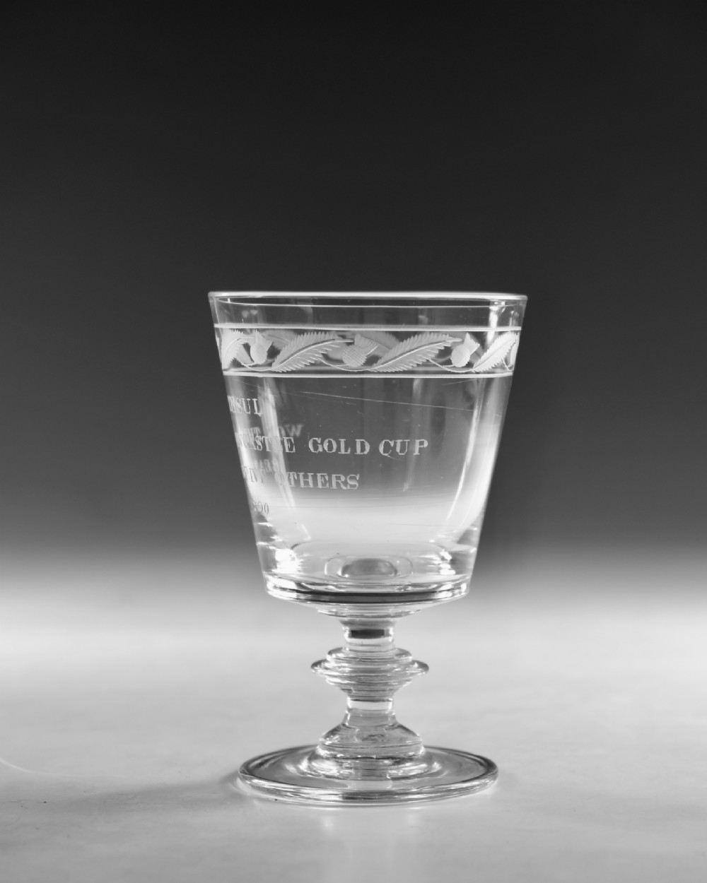 An antique clear glass Georgian rummer featuring wheel-engraved inscriptions and foliage motifs above a knopped stem. View IV