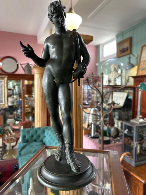 Late 19thc Grand Tour Neapolitan Bronze Figure Of Narcissus, After The Antique, With Dark Green Patination