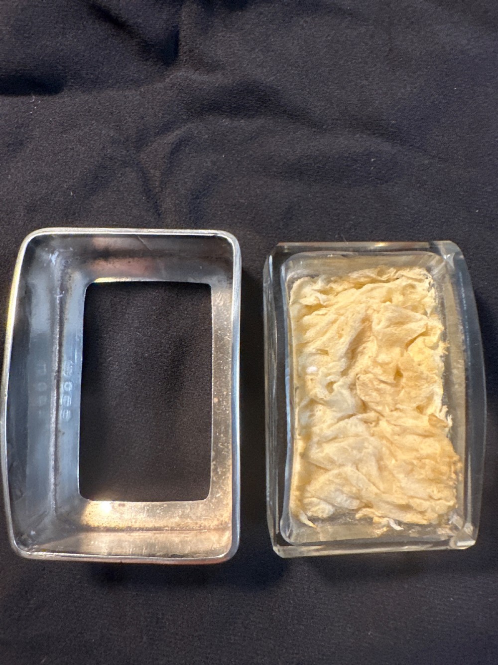 A rectangular silver vessel with a curved rim containing a light yellow natural sponge. View V
