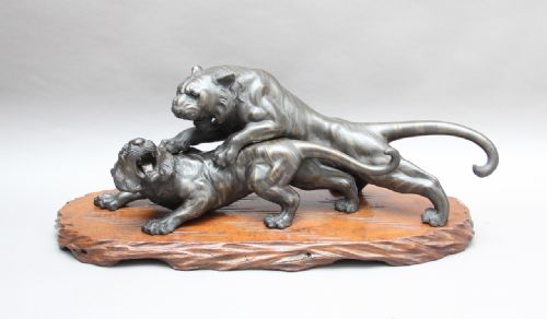 19th Century Large Japanese Bronze of Two Tigers