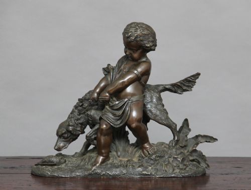 19th Century Bronze of a Young Boy with Dog