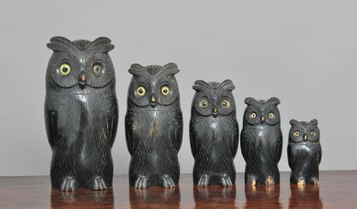 A Set of Five 19th Century Carved Owls