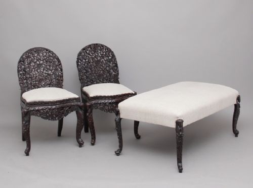 19th Century Anglo-indian Pair of Chairs and Stool