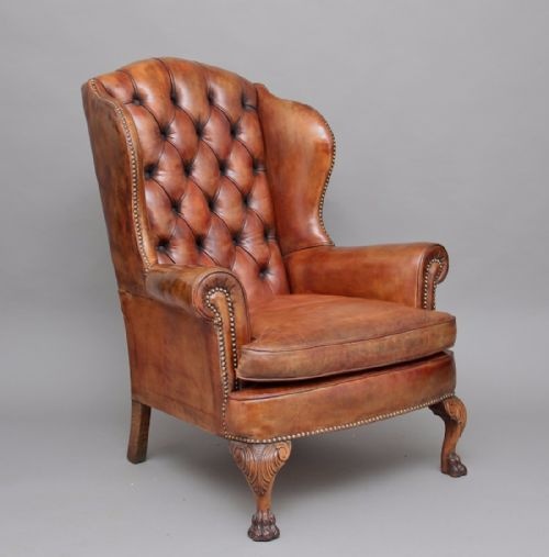Early 20th Century Mahogany and Leather Wing Armchair
