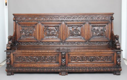 Large 19th Century Carved Oak Box Settle