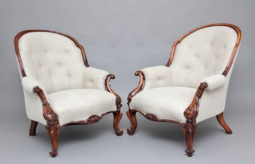Pair of 19th Century Ladies and Gentleman's Walnut Armchairs