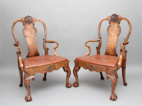 A Pair of Early 20th Century Walnut Open Armchairs