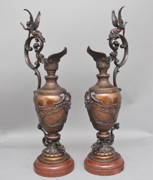 A Pair of 19th Century Bronze and Marble Ewers