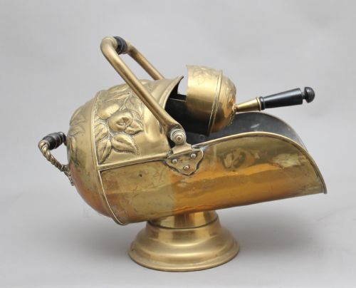 19th Century Brass Coal Scuttle and Shovel