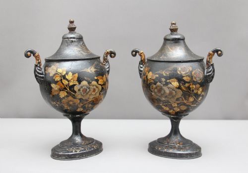 Pair of Early 19th Century Tole Chestnut Urns