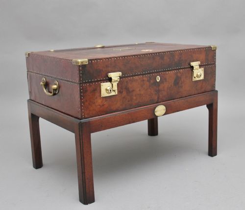 Early 20th Century Leather Bound Ex Army Trunk on Stand