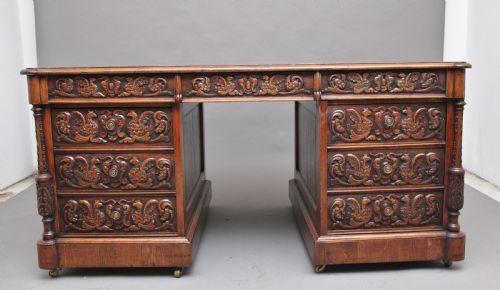 19th Century Carved Oak Partners Desk