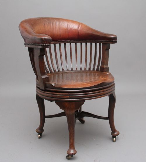 19th Century Oak and Leather Swivel Desk Chair