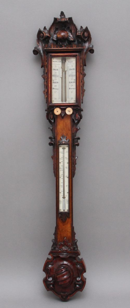 19th Century Carved Oak Cased Stick Barometer