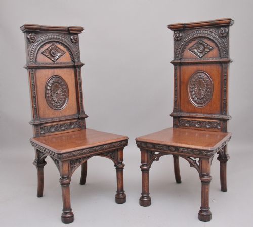 Near Pair of 19th Century Carved Oak Gothic Hall Chairs