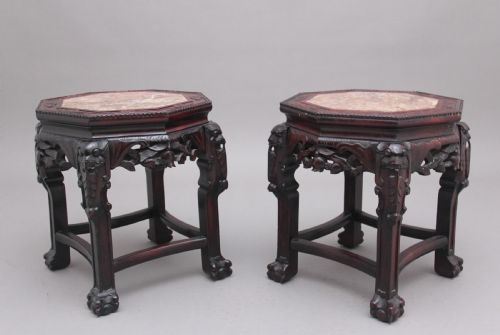 Pair 19th Century Chinese Carved Hardwood Occasional Tables
