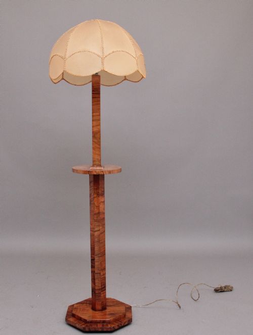 Early 20th Century Art Deco Walnut Standard Lamp and Shade