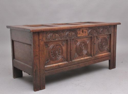 17TH CENTURY ANTIQUE CARVED OAK COFFER - ADDITIONAL PHOTO 1