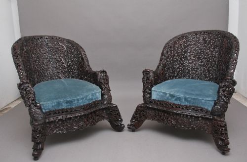 Pair 19th Century Anglo-indian Carved Chairs