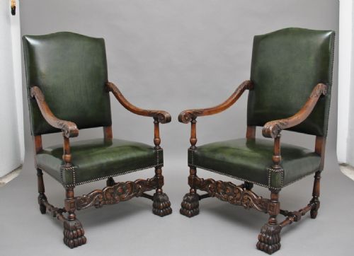 Pair Early 20thc Carved Armchairs in the Carolean Style