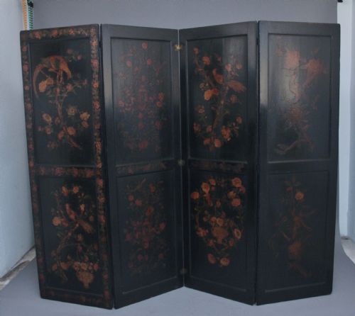 19th Century Chinoiserie and Black Lacquered Four Panel Screen