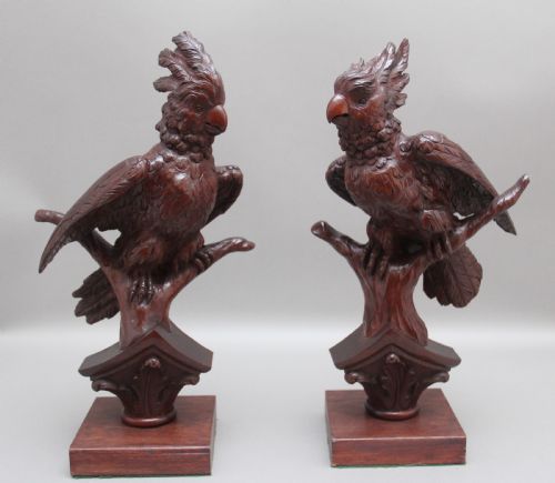 A Pair of Decorative 19th Century Carved Walnut Parakeets