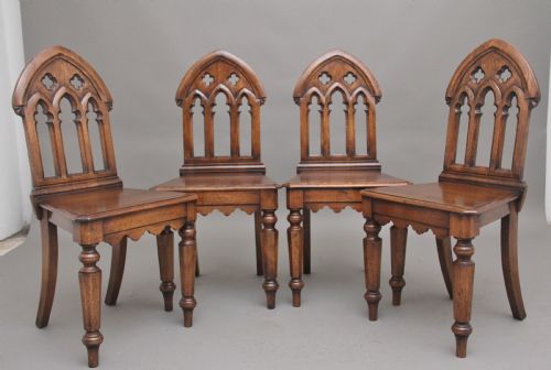 Set of Four Early 20th Century Gothic Style Hall Chairs