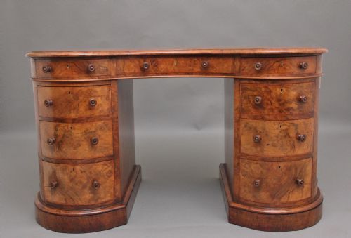 19th Century Burr Walnut Pedestal Kidney Shaped Desk