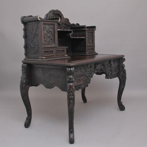 19th Century Highly Carved Japanese Desk and Chair