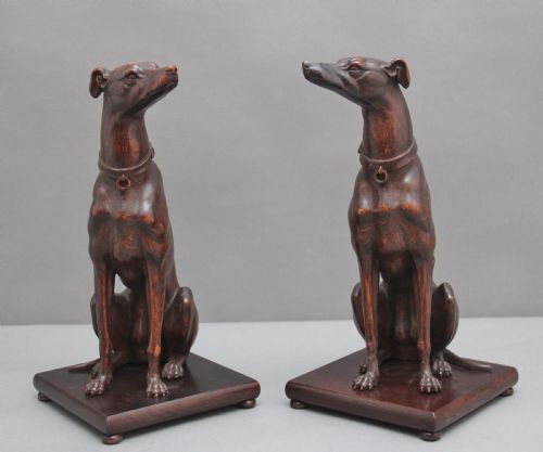 Pair Early 20th Century Carved Oak Greyhounds