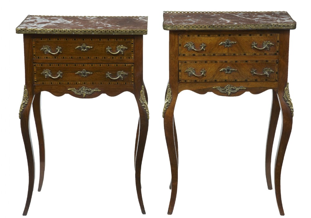 Pair rosewood and marble side tables