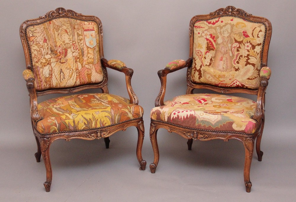 Pair carved walnut armchairs