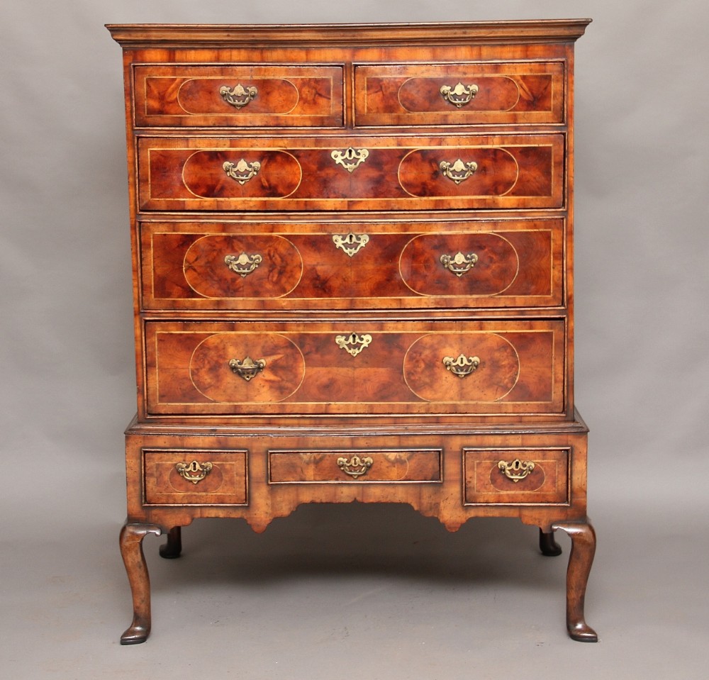 18th century Yew wood oyster & oak chest on stand