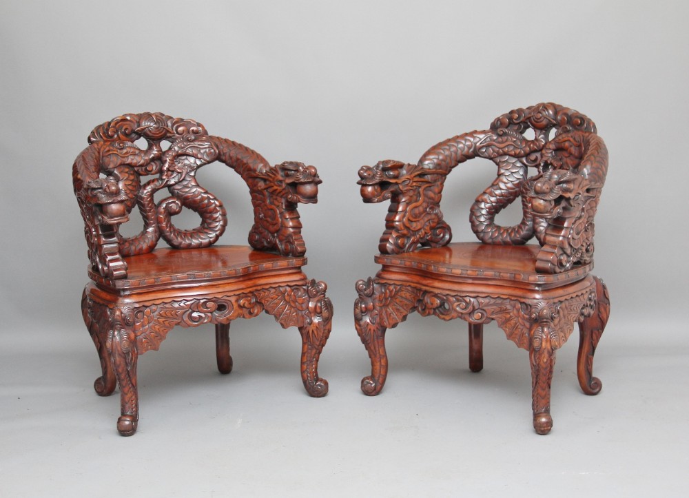 Pair early 20th century carved Chinese chairs