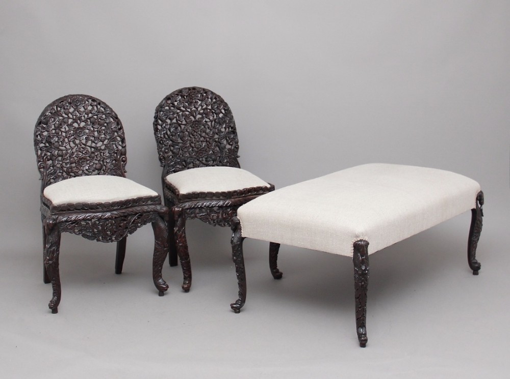 19th Century Anglo-Indian pair of chairs and stool